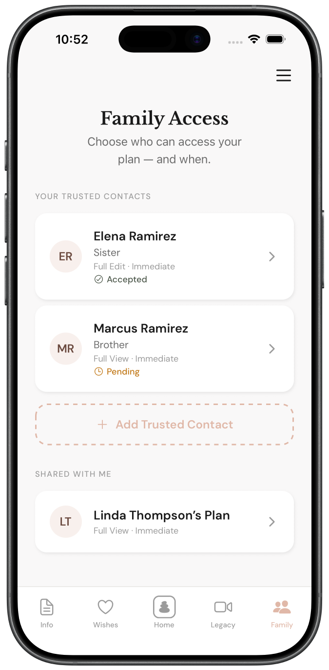 Family Access screen with trusted contacts and edit and view permissions.